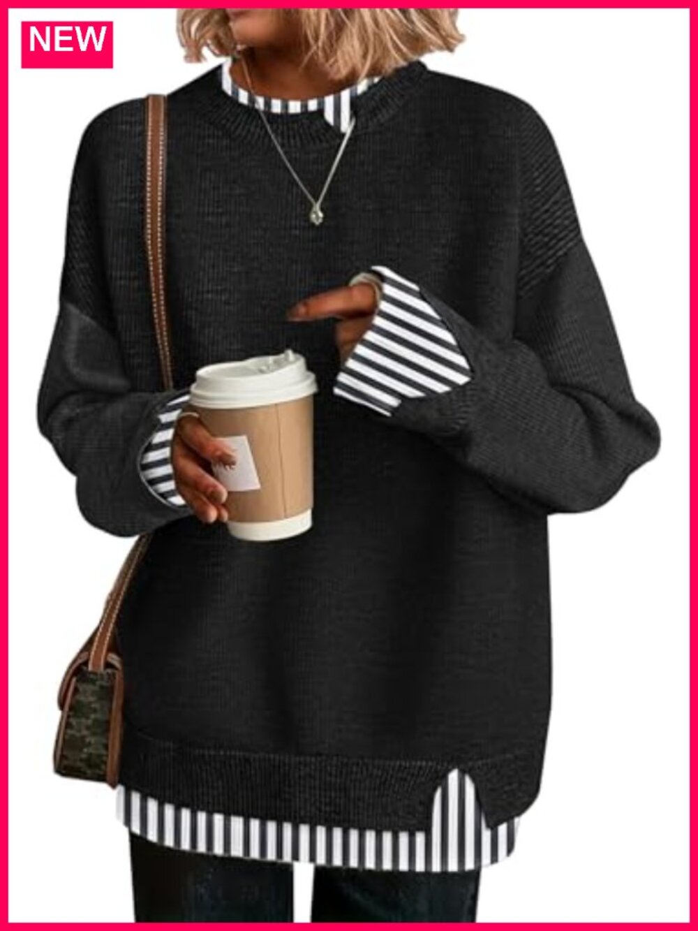 Womens Oversized Ribbed Knit Sweater Crew Neck Drop Shoulder Pullover